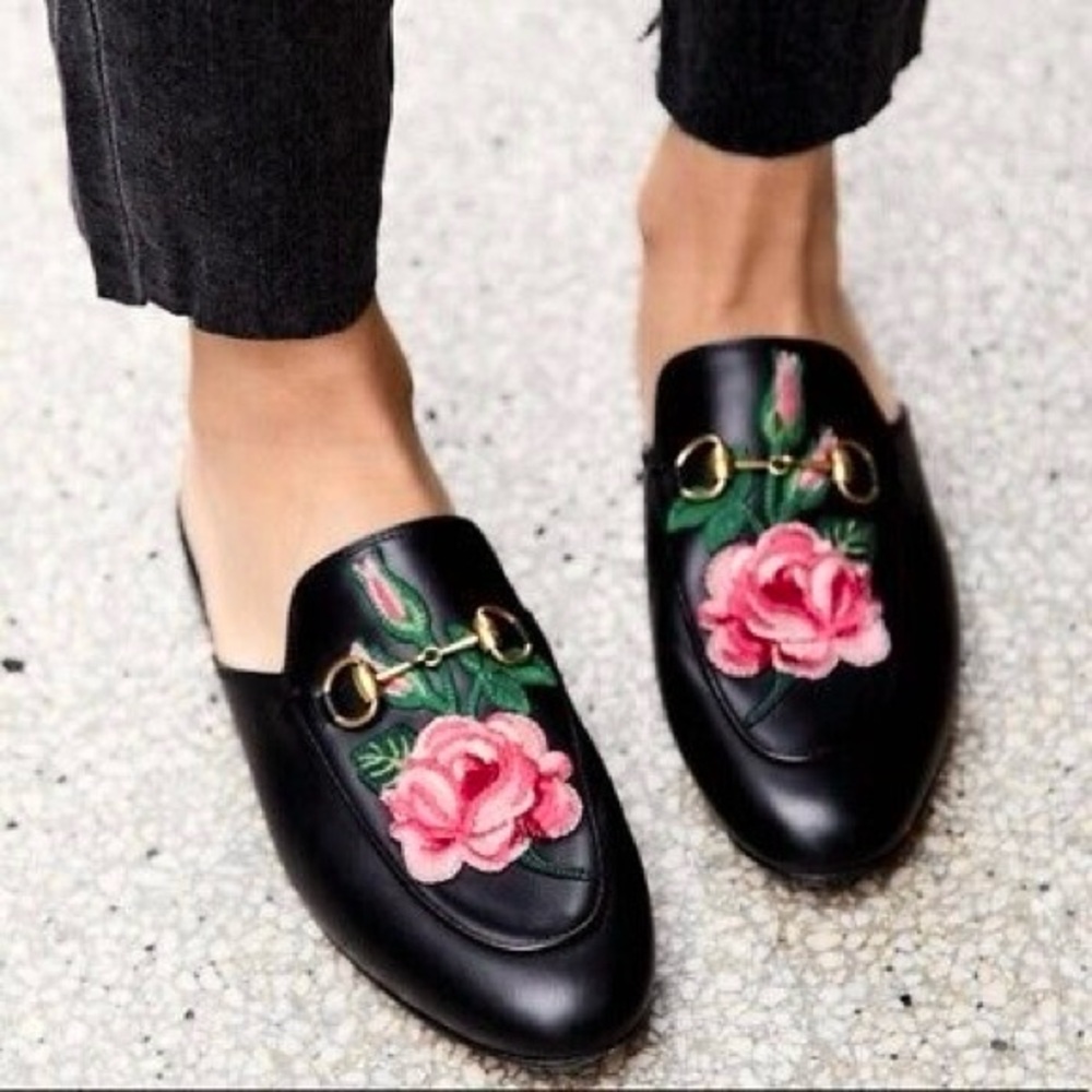 Gucci Black Leather Rose Embroidered Princetown Horsebit Loafers Mules EU 36.5